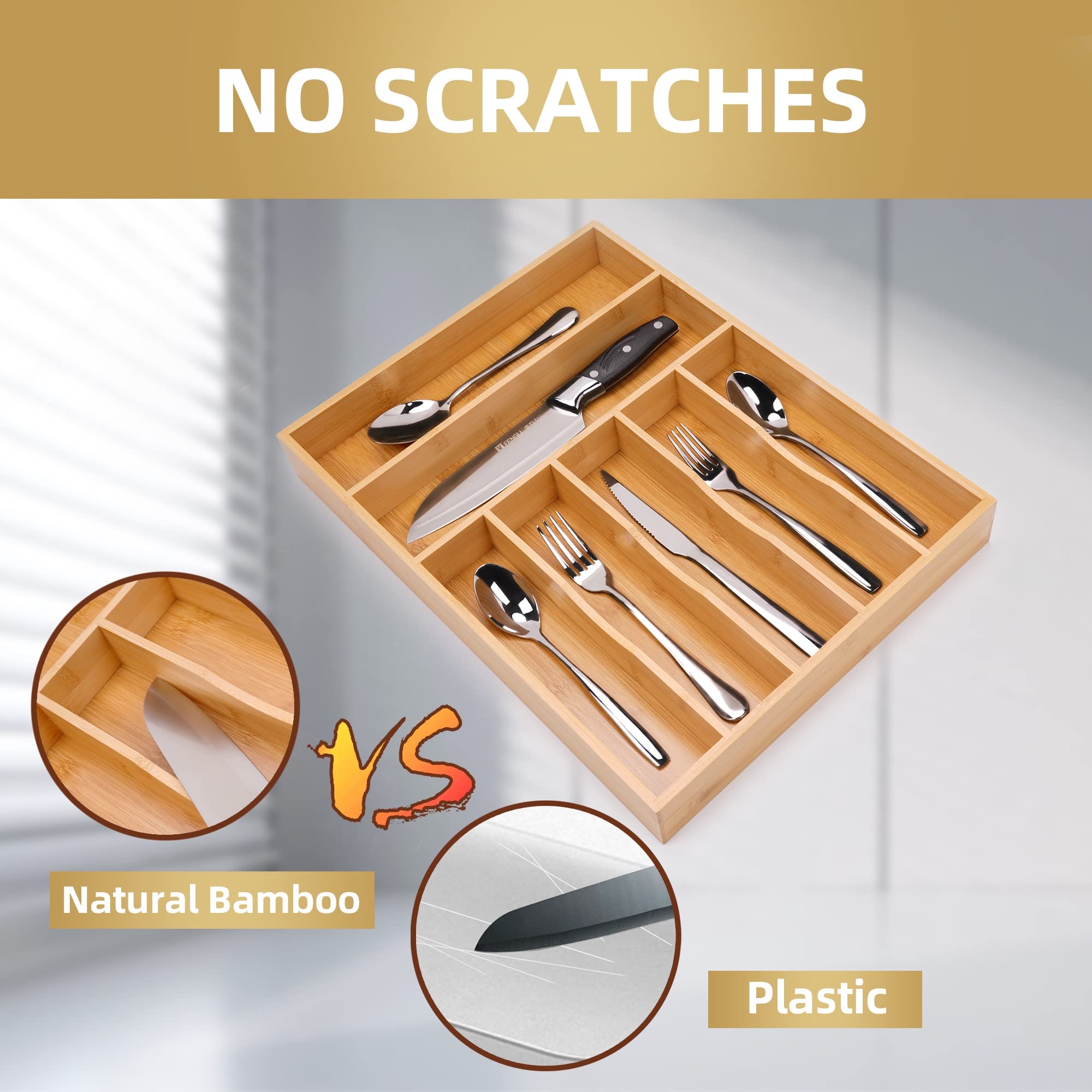 Besilord utensil organizer underside showing non-slip pads, prevents sliding and secures tray in drawer