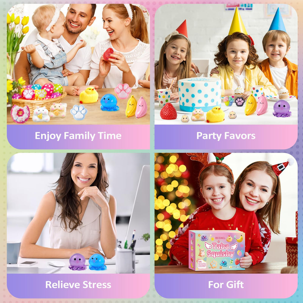 BESNEL squishies displayed on a desk and in party favor setup illustrating everyday use