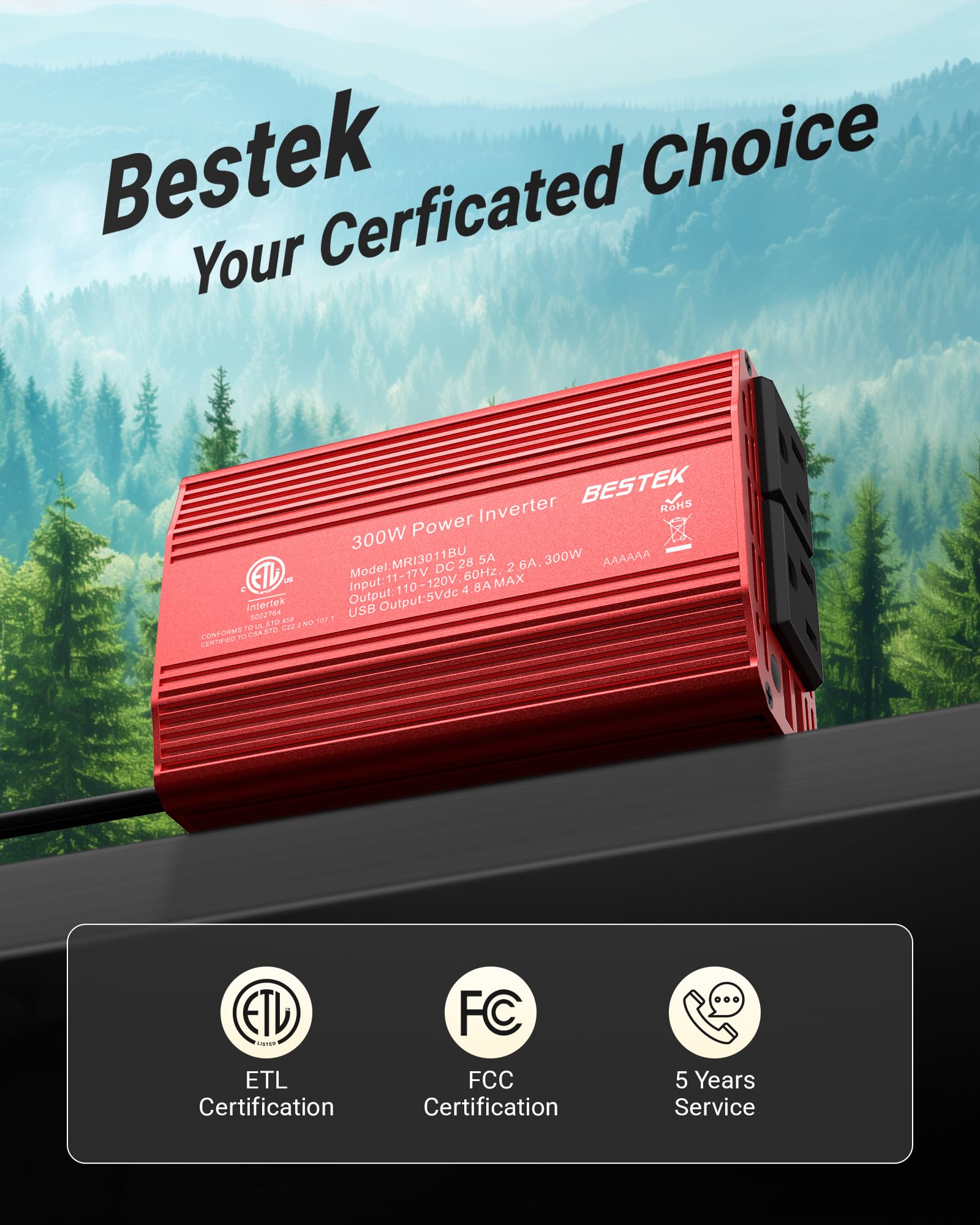 BESTEK product box and 5-year warranty card illustrating support and certification