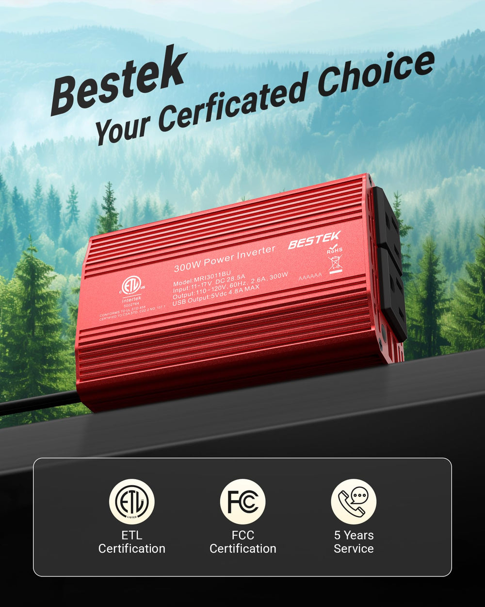 BESTEK product box and 5-year warranty card illustrating support and certification