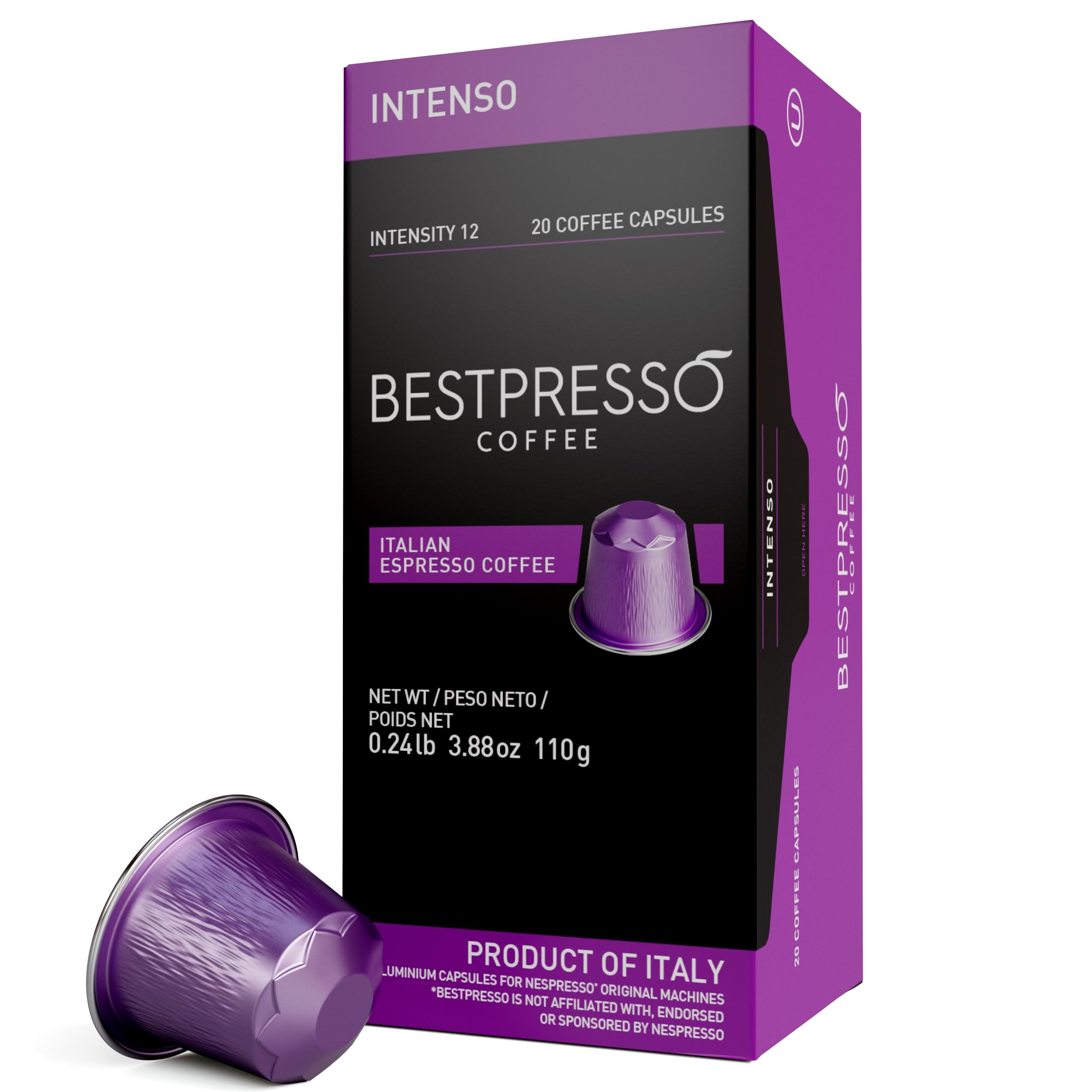 Bestpresso front packaging showing 6 boxes and bold espresso branding for strong flavor