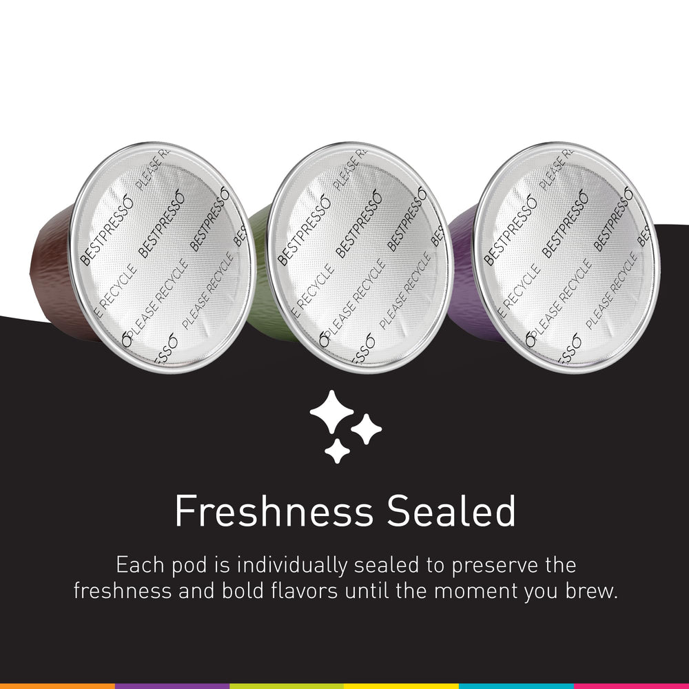 Bestpresso capsules beside a breakfast setting showing everyday enjoyment and variety benefit