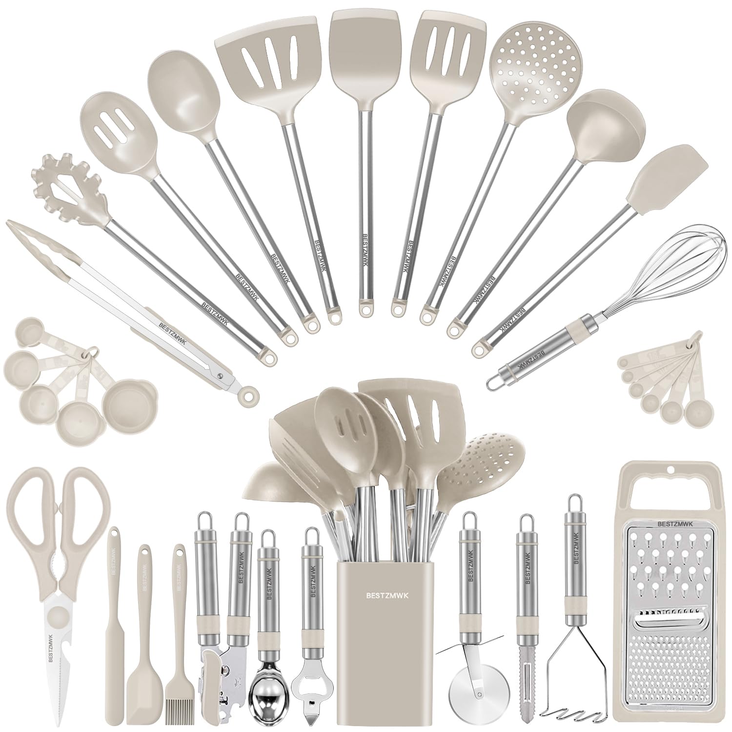 BESTZMWK front view of khaki 33-piece utensil set, complete kitchen solution