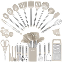 BESTZMWK front view of khaki 33-piece utensil set, complete kitchen solution