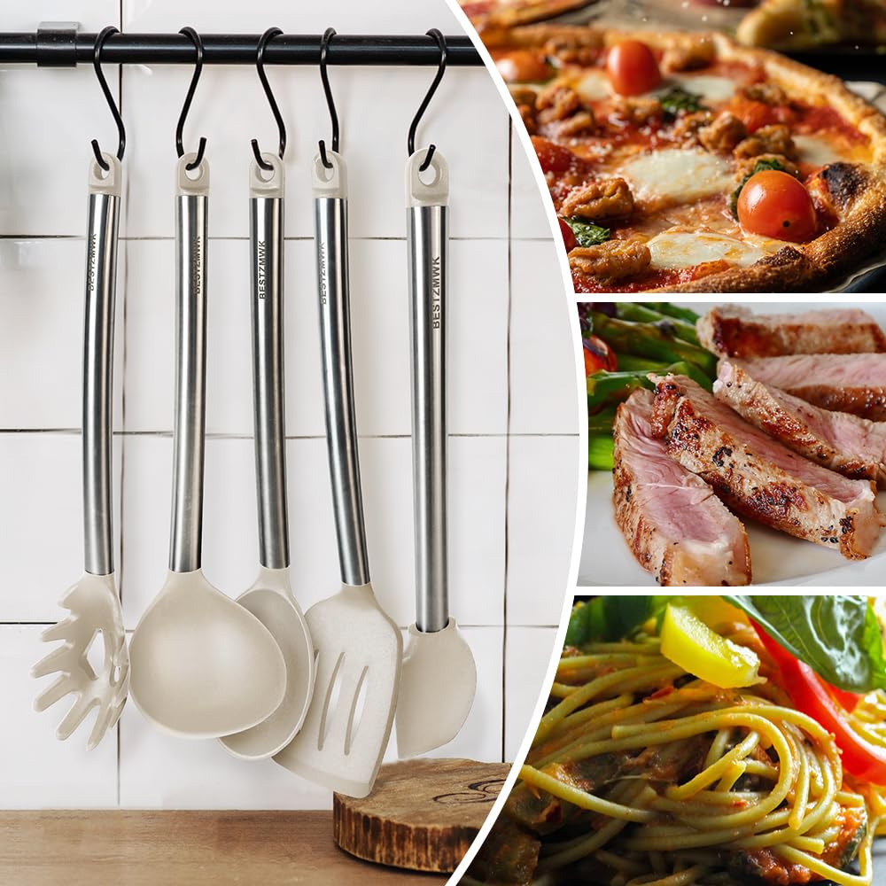 BESTZMWK utensils in use on stovetop protecting nonstick pan surfaces