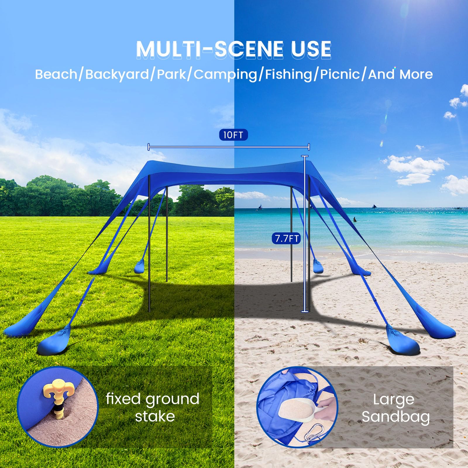 besuhot in use with family on beach illustrating roomy shaded area