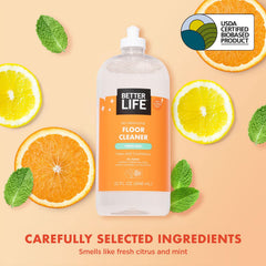 Better Life cleaner in use with mop on hardwood for streak-free shine