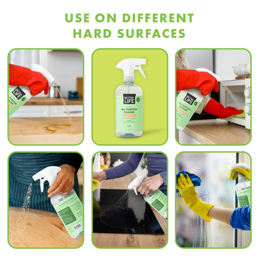 Better Life cleaning spray wiping kitchen countertop, removes grease quickly