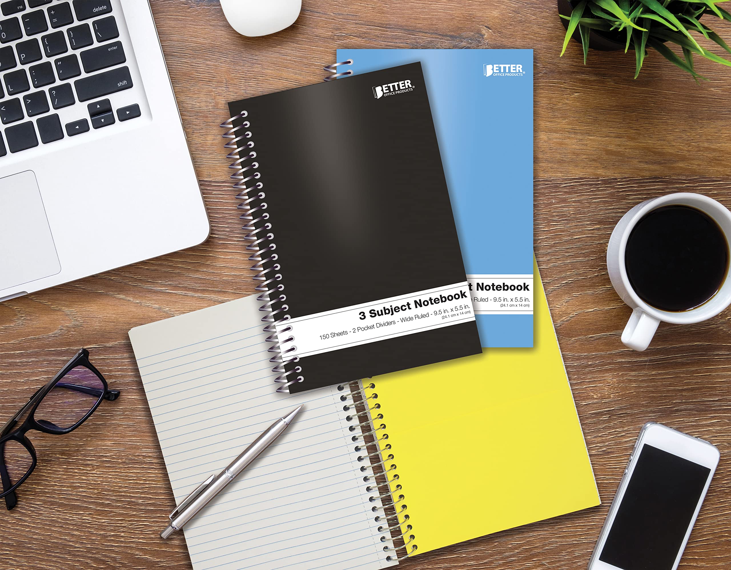 Better Office Products open notebook flat lay showing three subject sections and spiral ease