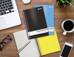 Better Office Products open notebook flat lay showing three subject sections and spiral ease