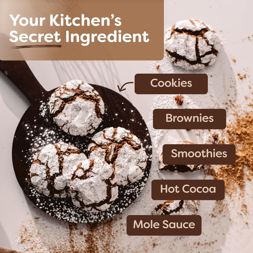 BetterBody Foods cacao stirred into a hot chocolate cup showing comforting warmth and richness