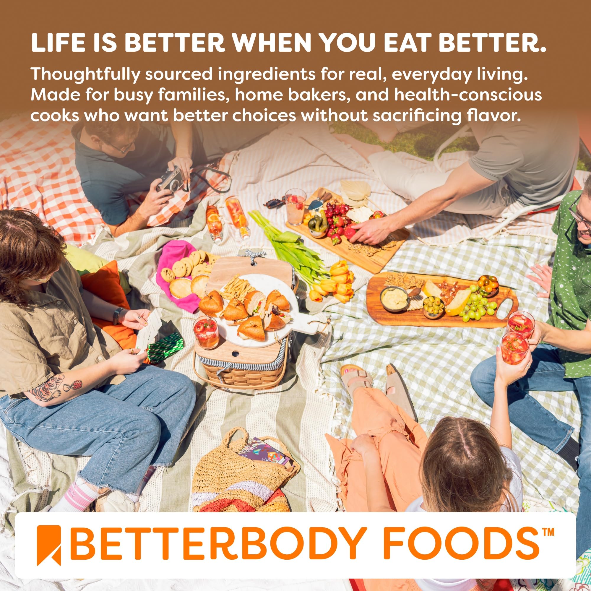 BetterBody Foods cacao on a kitchen shelf with bowls and fruit showing everyday versatility