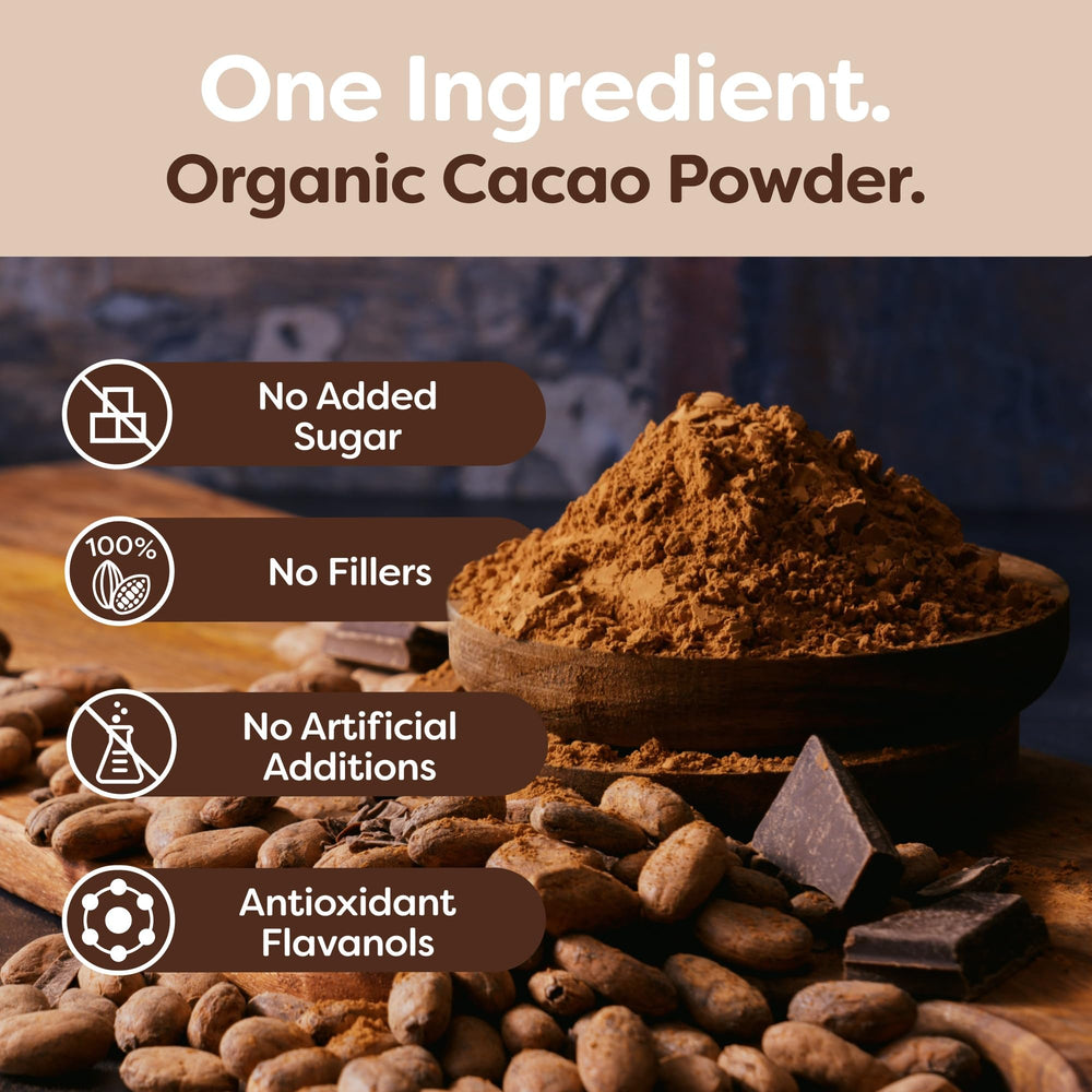 BetterBody Foods cacao being mixed into a smoothie showing creamy chocolate boost and flavor