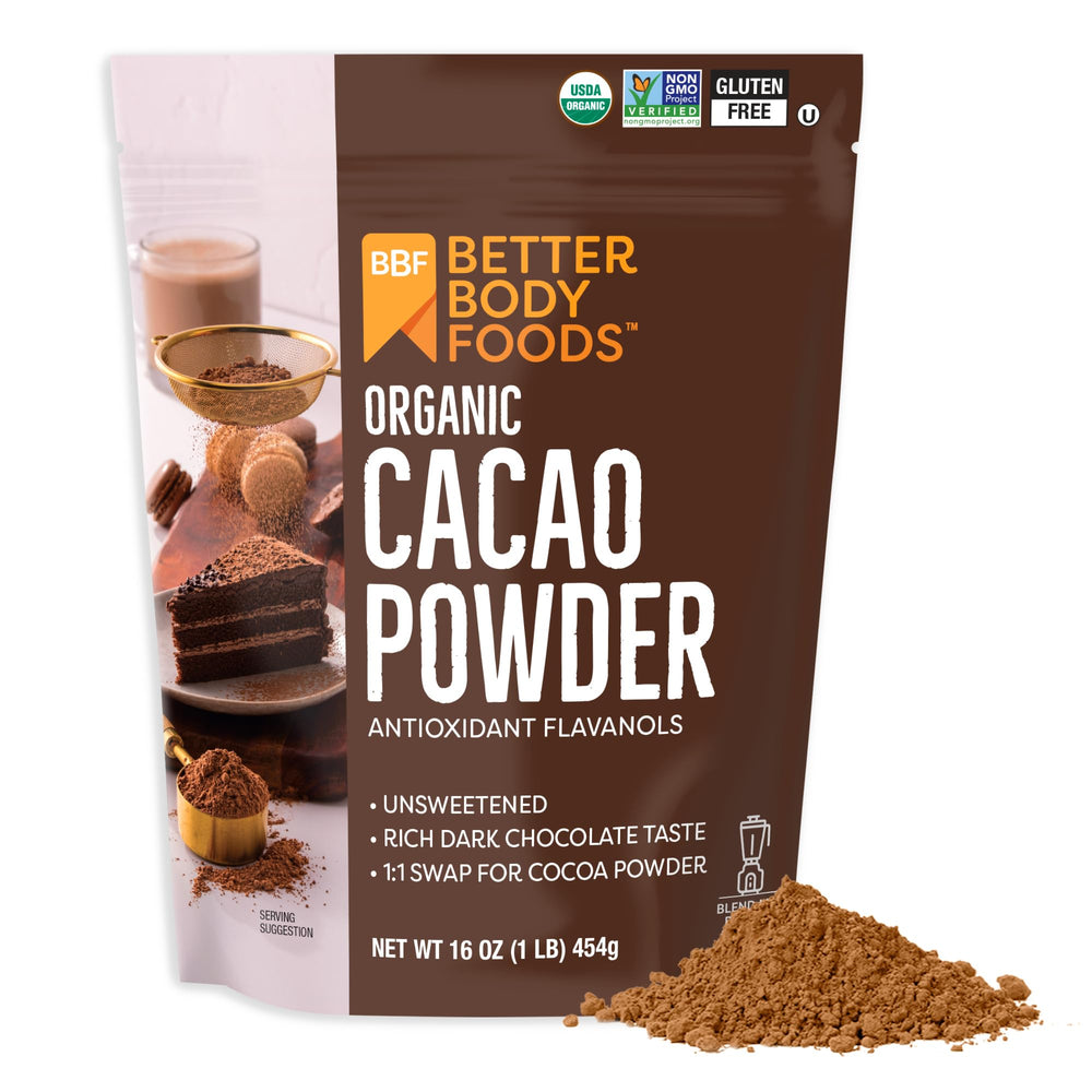 BetterBody Foods front packaging showing the organic cacao bag with clear labeling and convenience