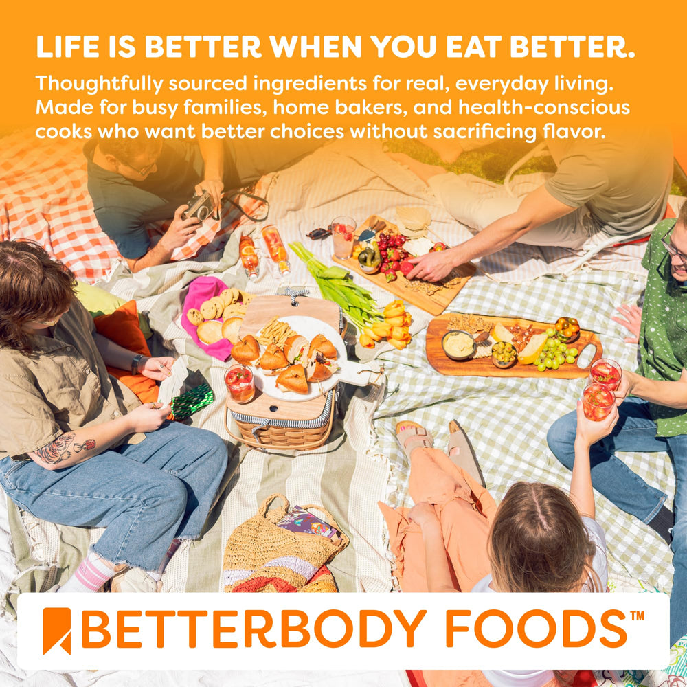 BetterBody Foods open bag pouring quinoa into bowl illustrating easy use and storage