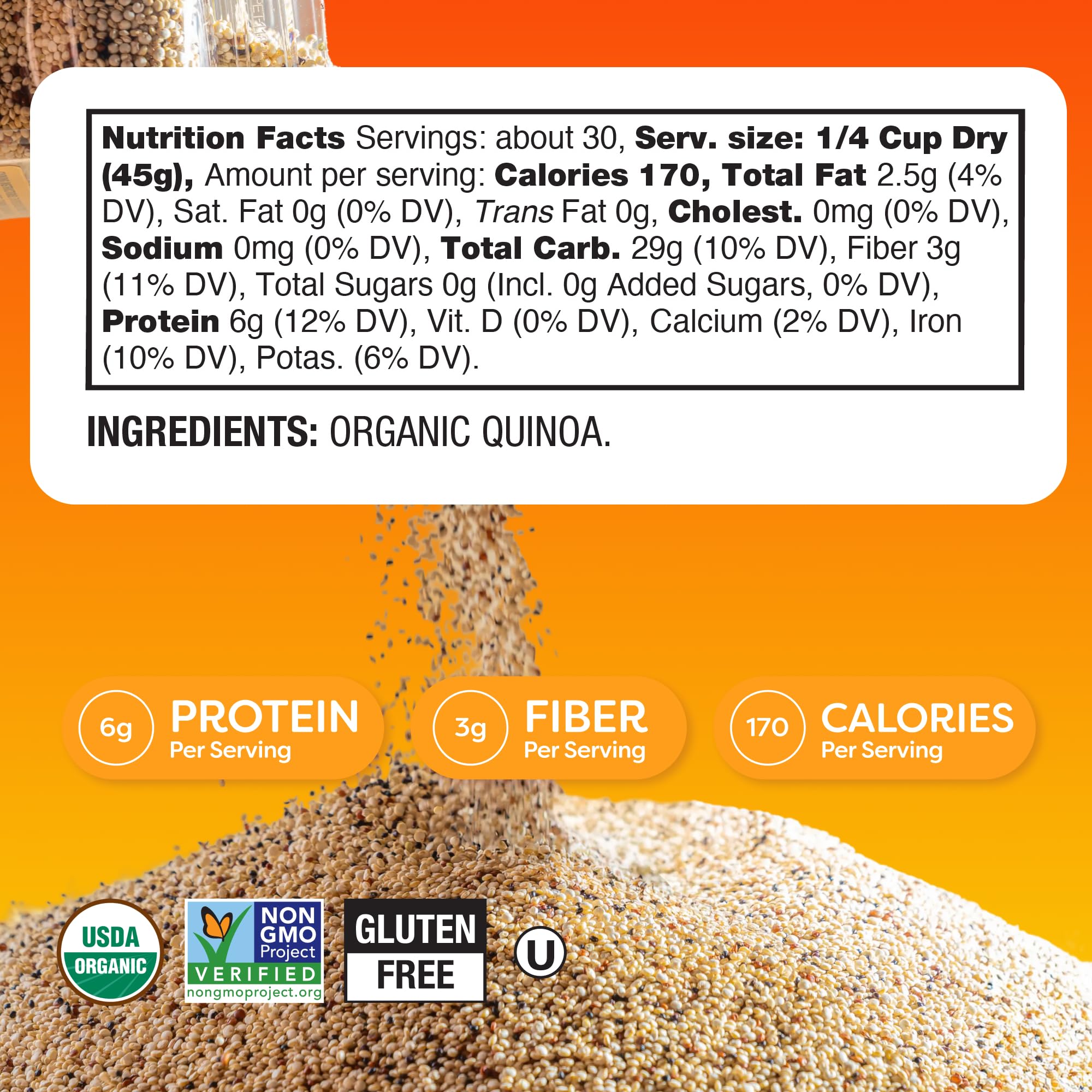 BetterBody Foods quinoa next to a scale demonstrating 3 lb size and value benefit