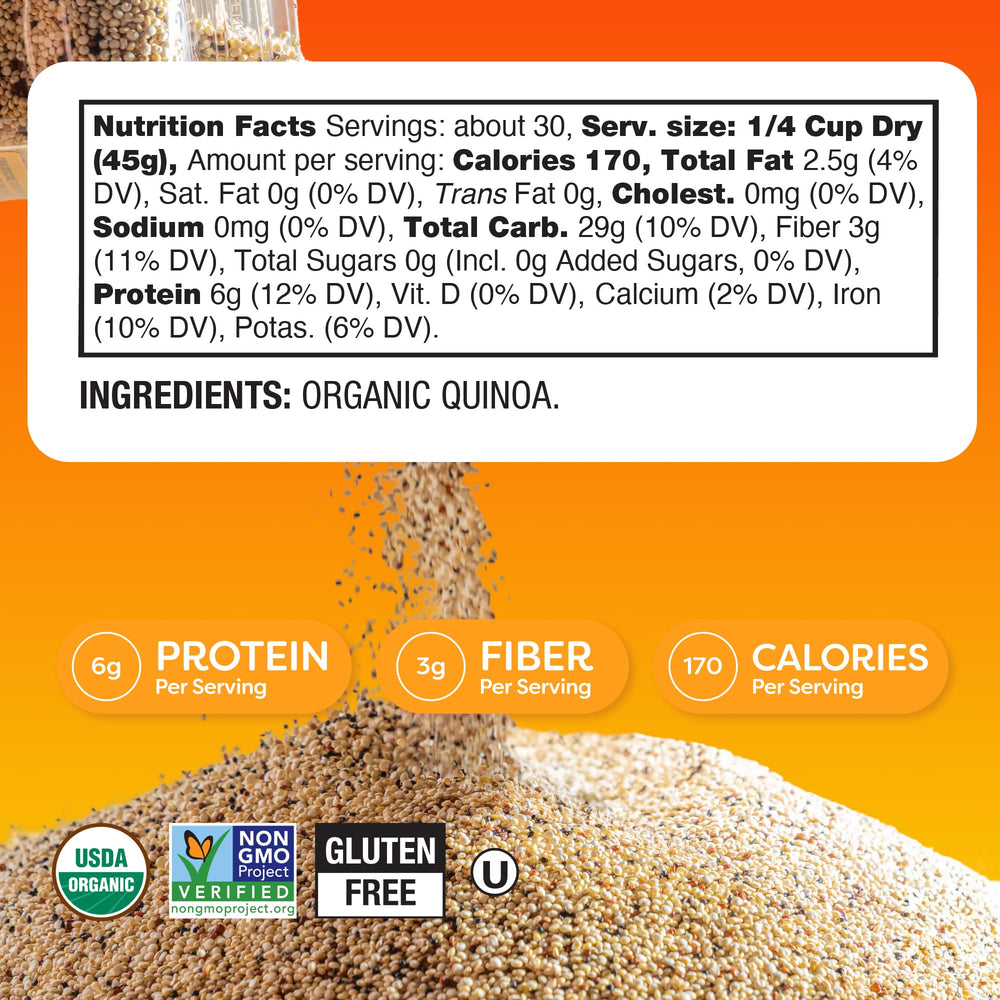 BetterBody Foods quinoa next to a scale demonstrating 3 lb size and value benefit