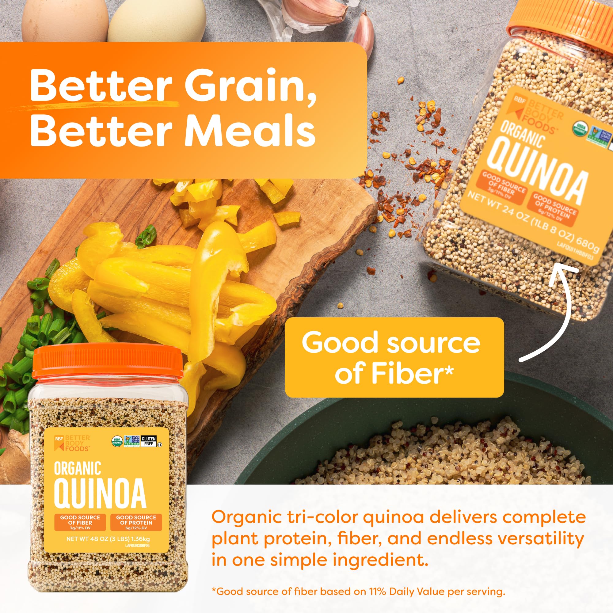 BetterBody Foods quinoa grains close-up highlighting texture and nutty flavor benefit