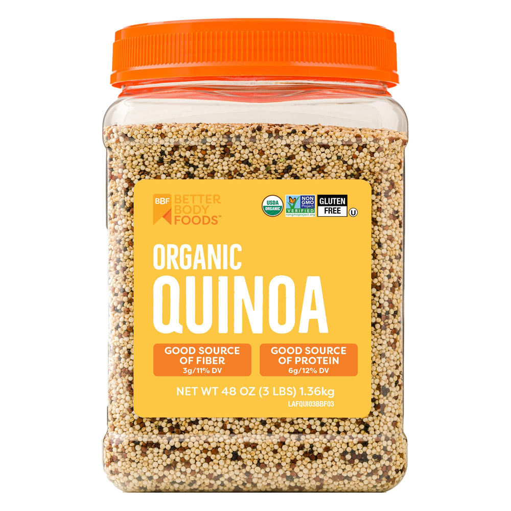 BetterBody Foods front packaging showing organic tri-color quinoa benefit pantry-ready
