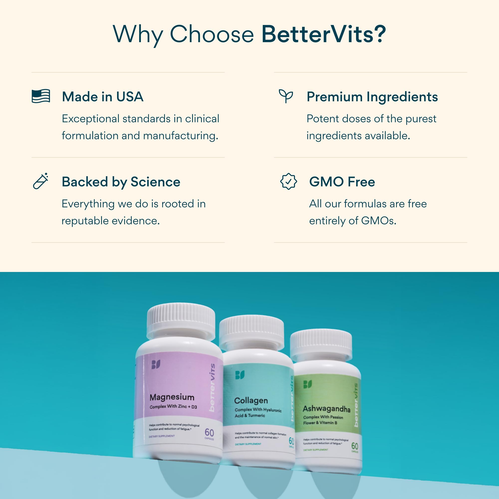 Bettervits raw ingredient display with zinc and D3 for balanced nutrient support benefit
