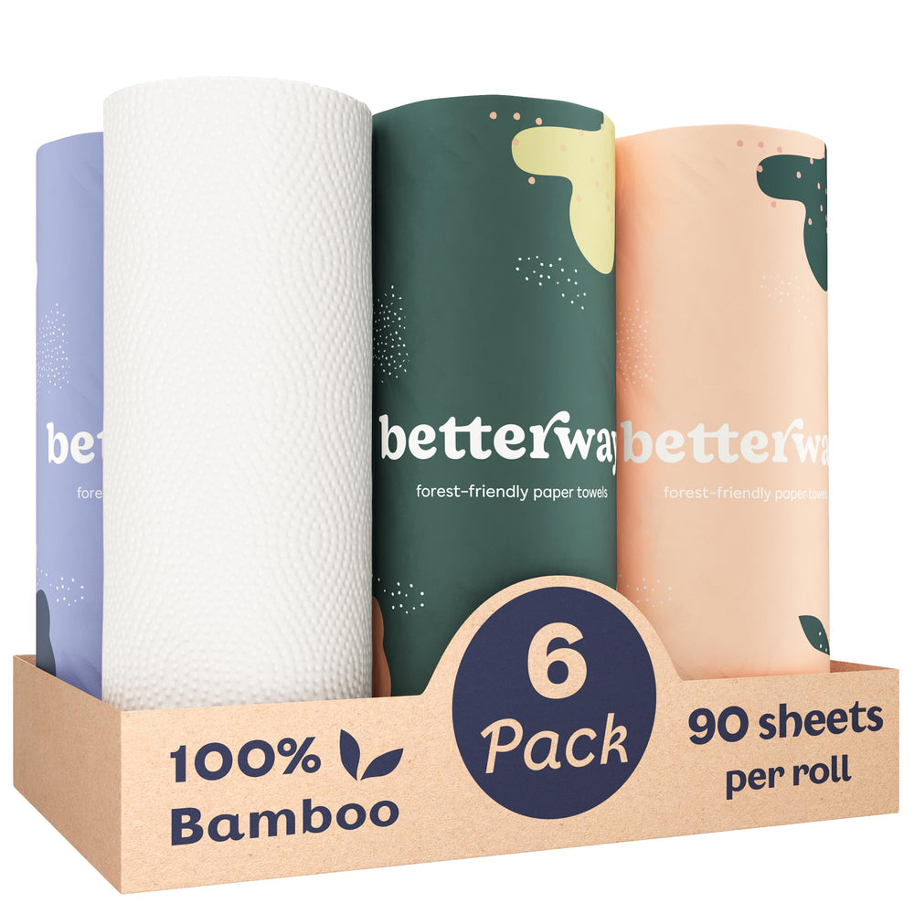 Betterway front packaging showing six bamboo towel rolls and benefits