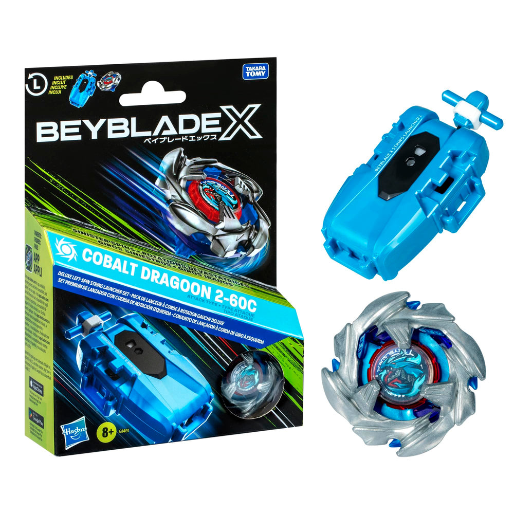 Beyblade Cobalt Dragoon front packaging showing complete set and benefits