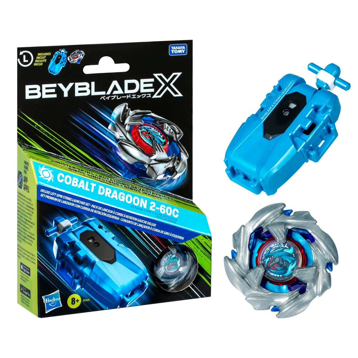 Beyblade Cobalt Dragoon front packaging showing complete set and benefits