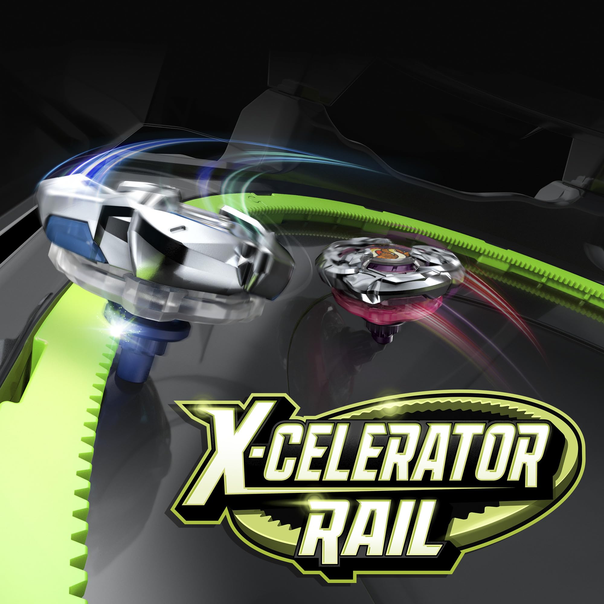 Beyblade X rail engagement detail showing X-Celerator gear contact for speed bursts