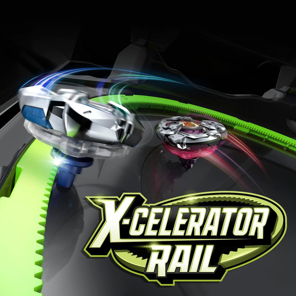 Beyblade X rail engagement detail showing X-Celerator gear contact for speed bursts