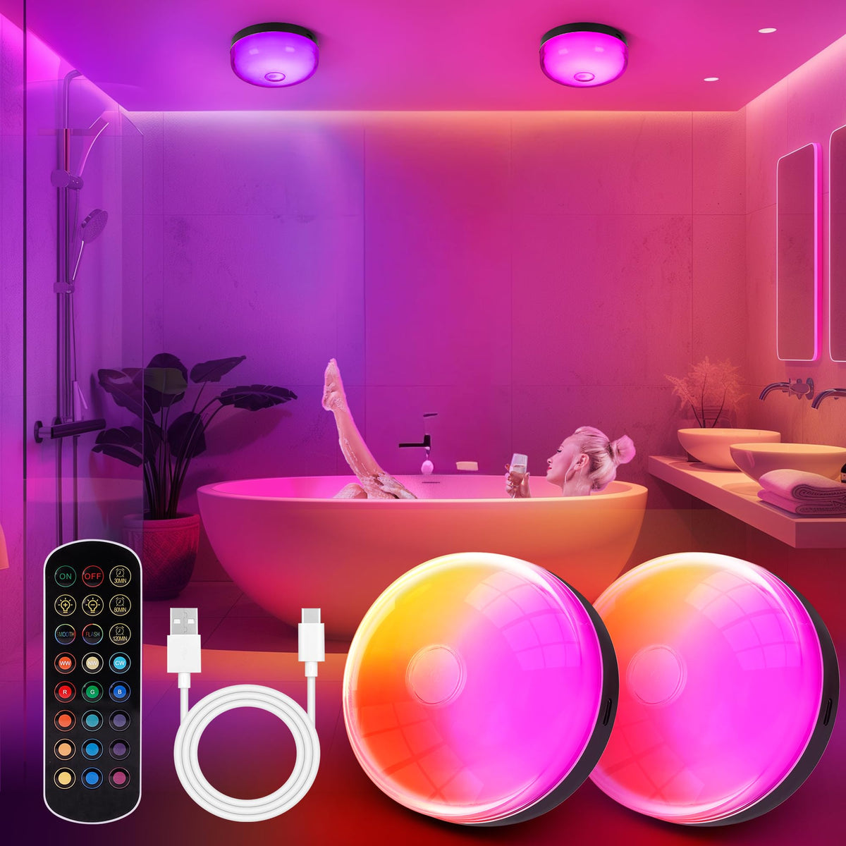 Bgmonster front view of 2-pack shower lights showing compact design and color options