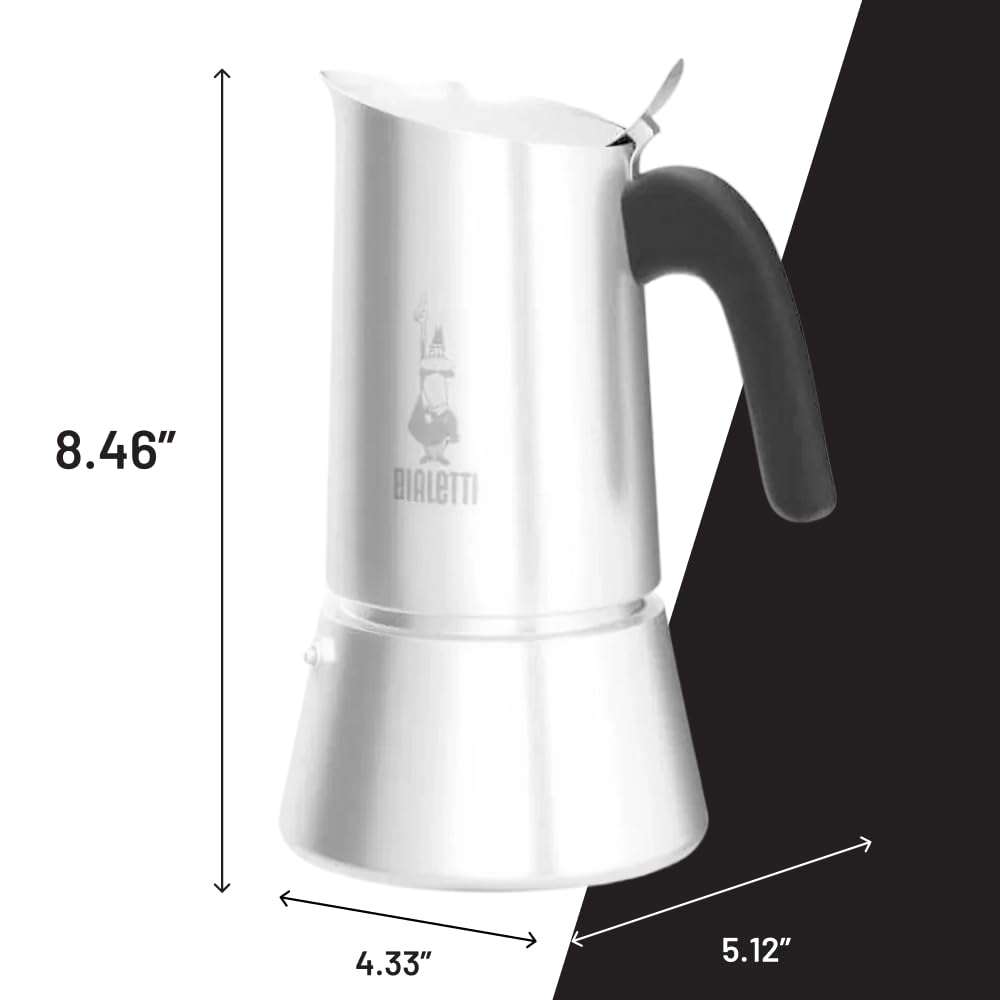Bialetti Venus pouring espresso into demitasse cup showing smooth spout for drip-free serving