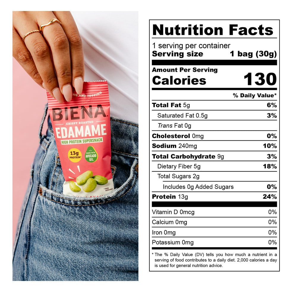 BIENA open pouch spilling roasted edamame with crunchy texture benefit
