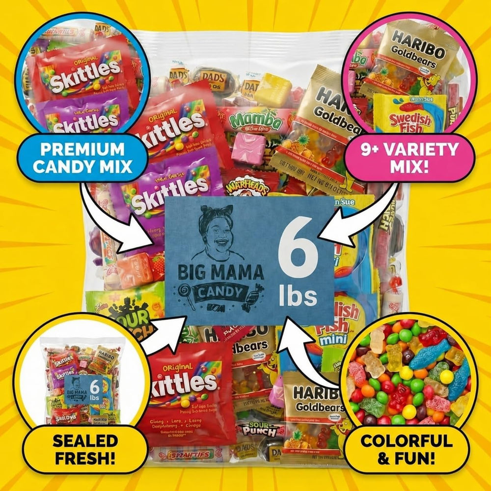 Big Mama Candy in a glass candy bowl staged for parties showing convenient refill appeal