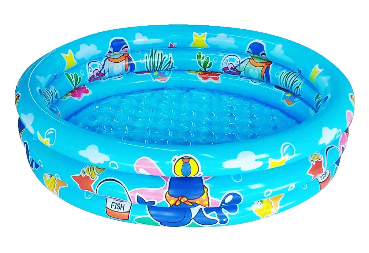 Big Summer front view of blue 3-ring pool showing stable sides and size benefit