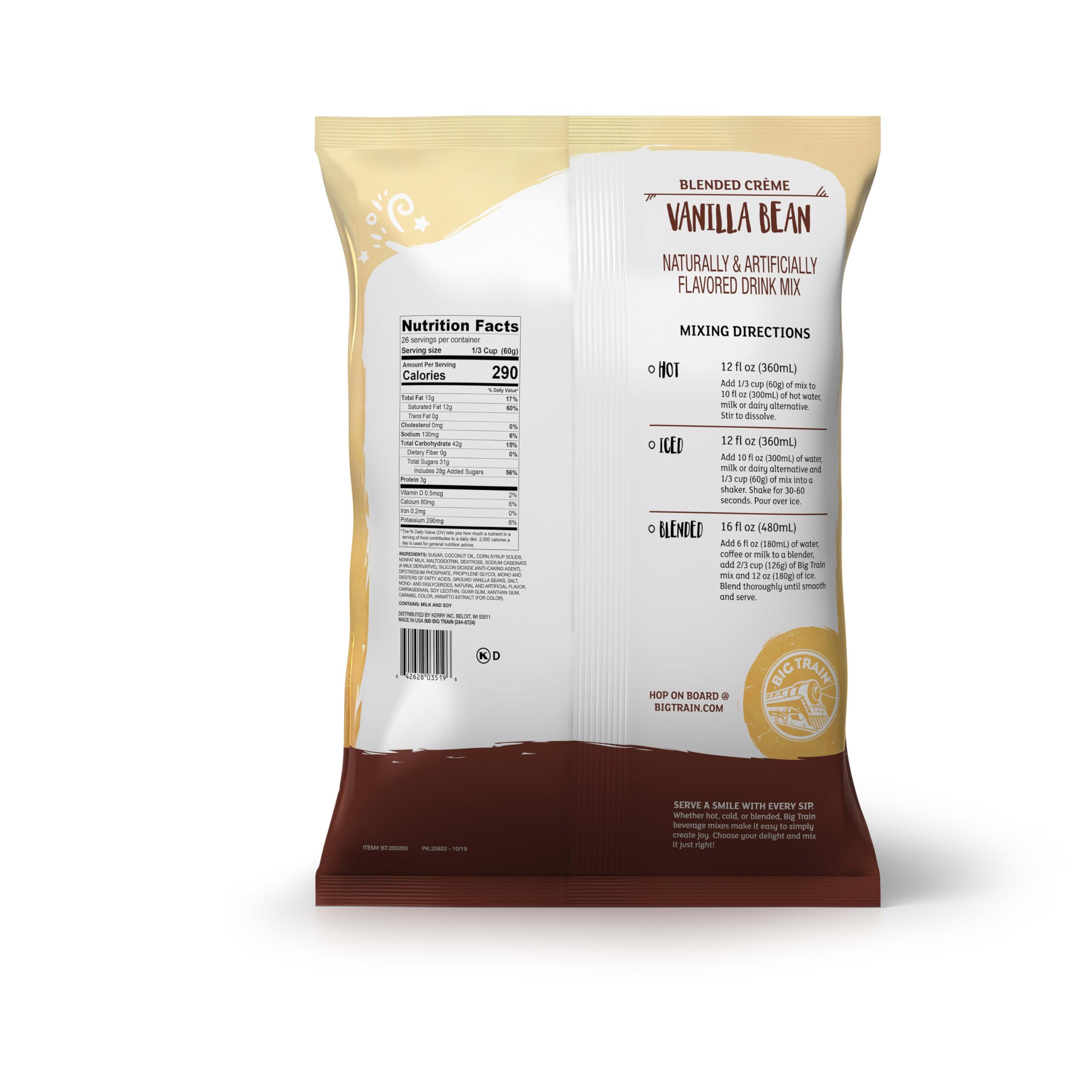 Blended vanilla frappe in glass made with Big Train offering creamy, cafe-style indulgence