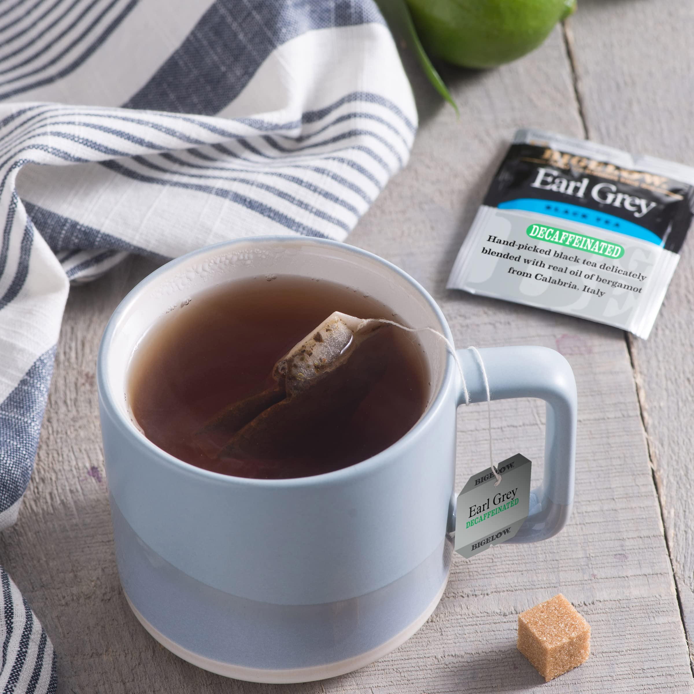 Bigelow decaffeinated Earl Grey foil-wrapped tea bag emphasizing freshness and portability