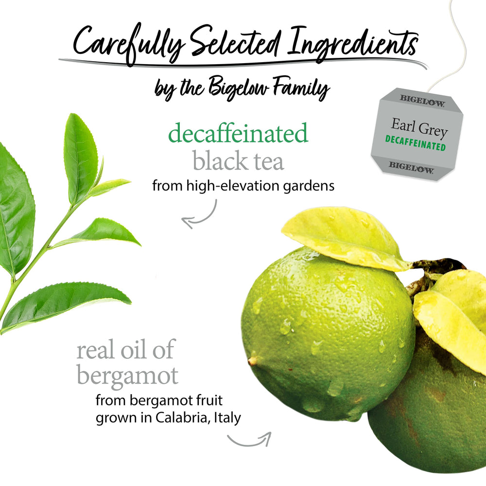 Close-up of Bigelow decaffeinated Earl Grey loose tea leaves and bergamot oil for aromatic detail