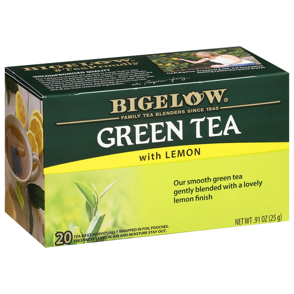 Bigelow Tea front box showing green tea with lemon and pack quantity benefit