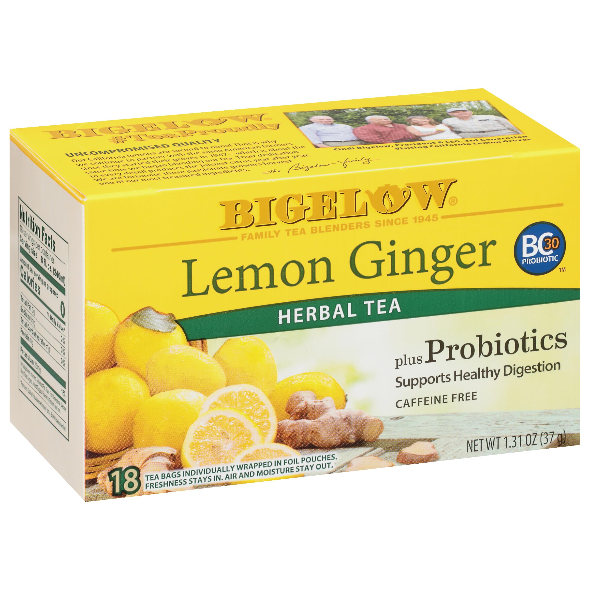 Bigelow front packaging showing lemon ginger probiotic tea and benefits