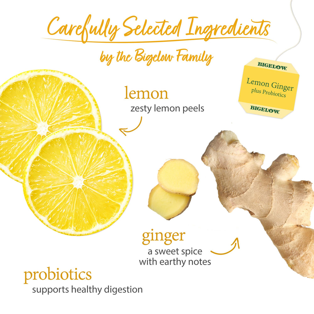 Bigelow close-up of dried lemon and ginger pieces highlighting natural ingredients
