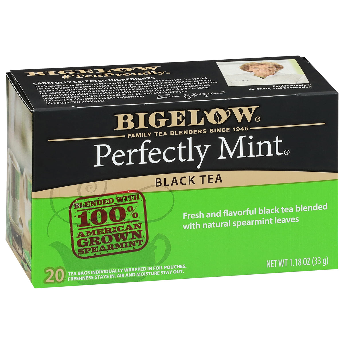 Bigelow Tea front packaging showing mint black tea, clear product identity and freshness