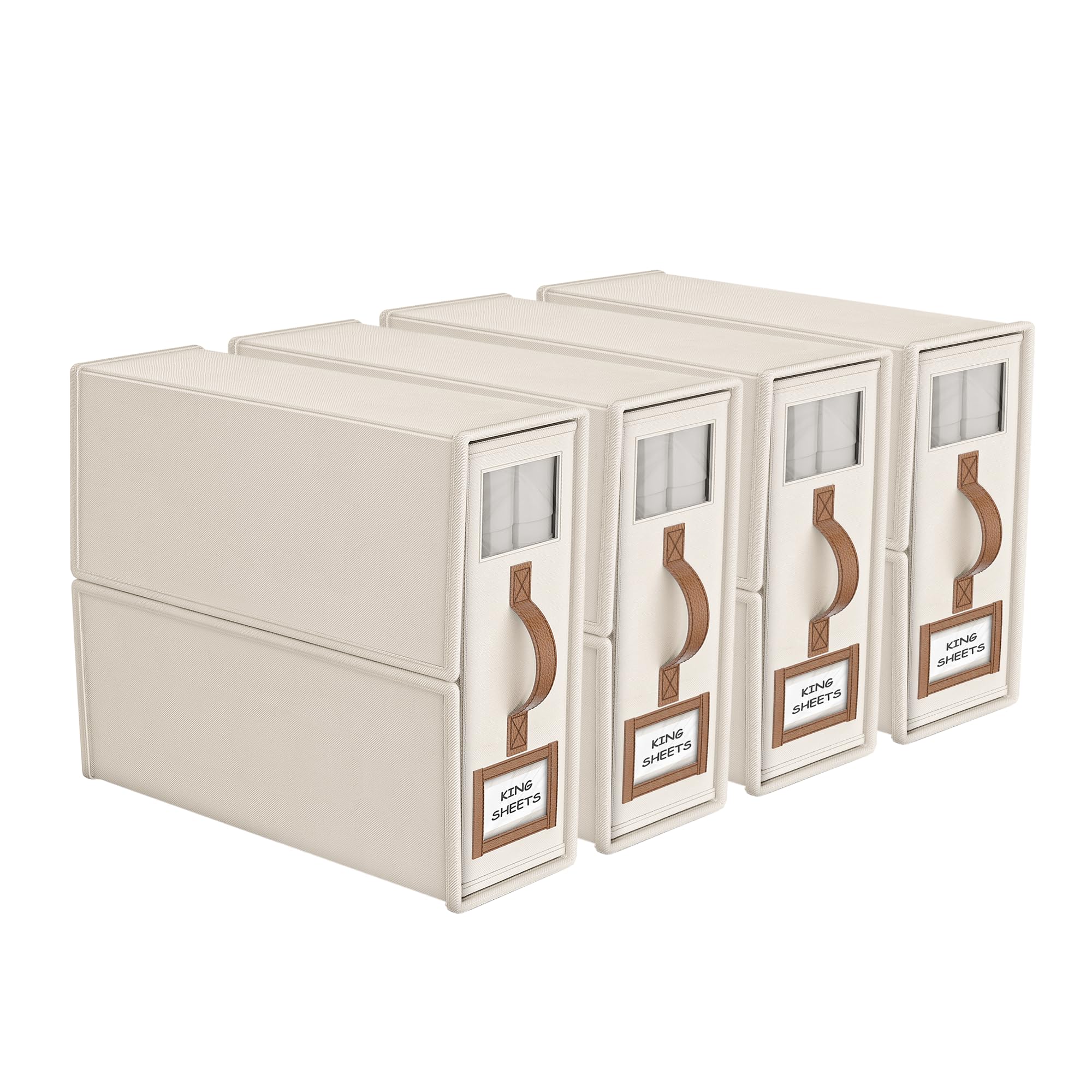 BigPonPon front view of four beige storage boxes showing neat stack and label window