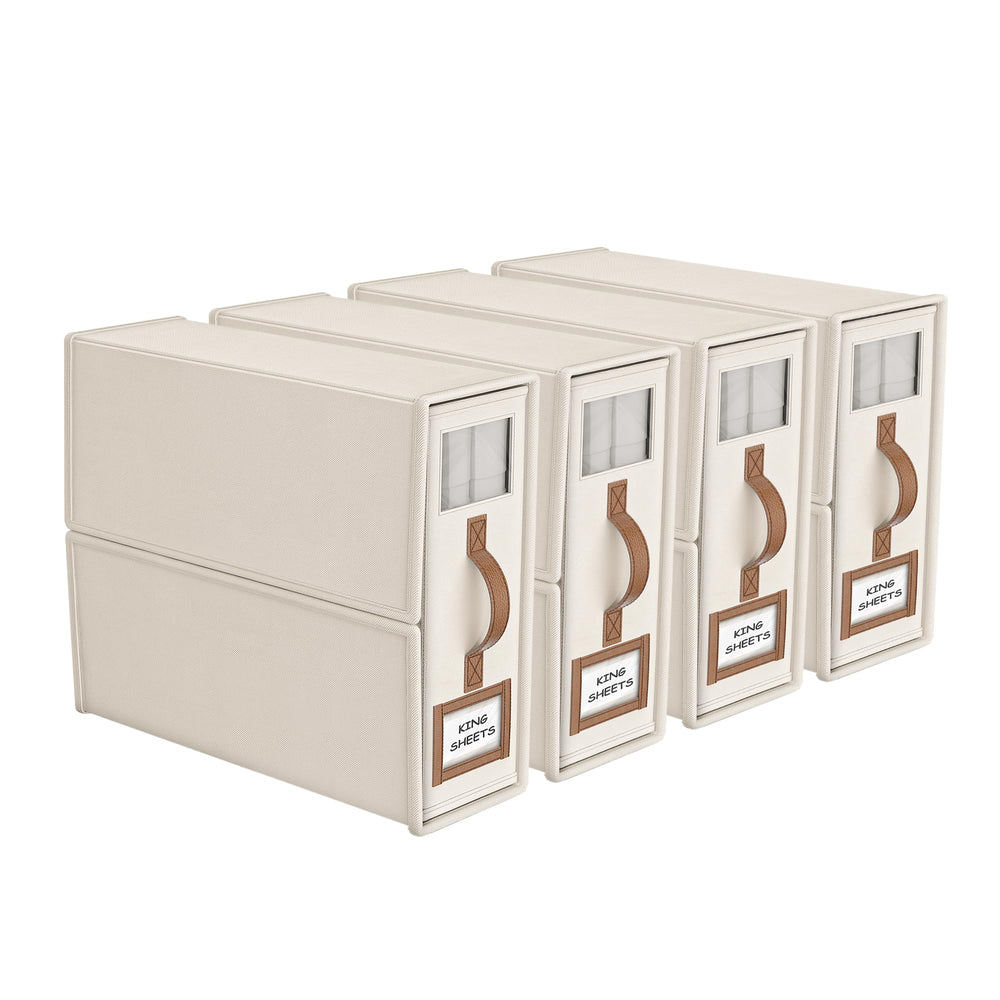 BigPonPon front view of four beige storage boxes showing neat stack and label window