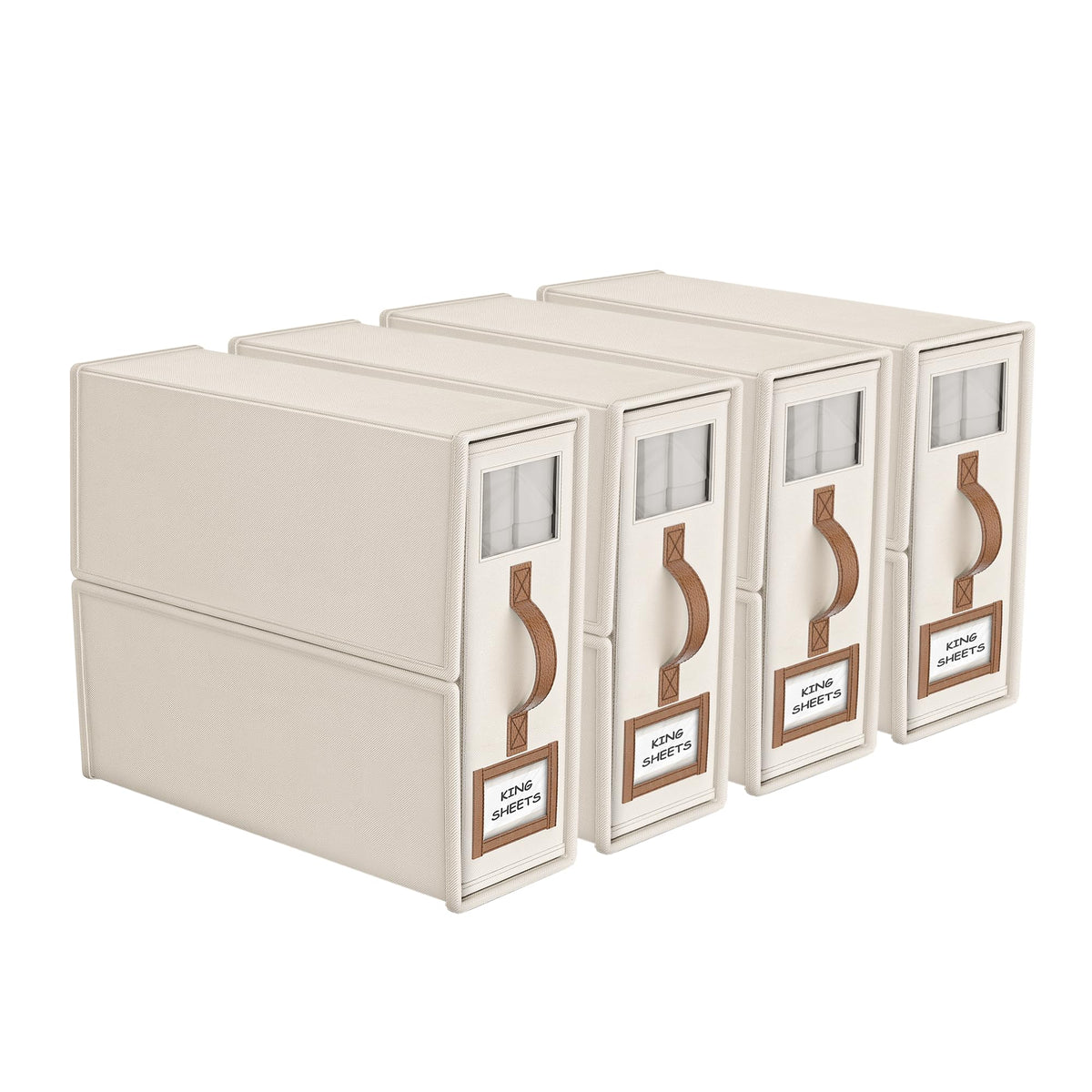 BigPonPon front view of four beige storage boxes showing neat stack and label window