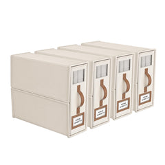 BigPonPon front view of four beige storage boxes showing neat stack and label window