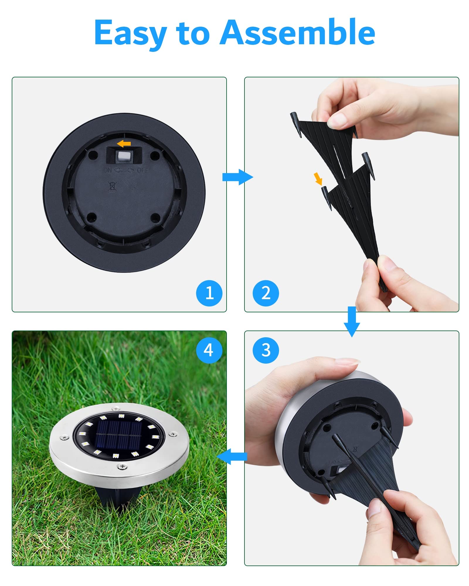 Biling light next to hand showing compact scale and easy stake installation