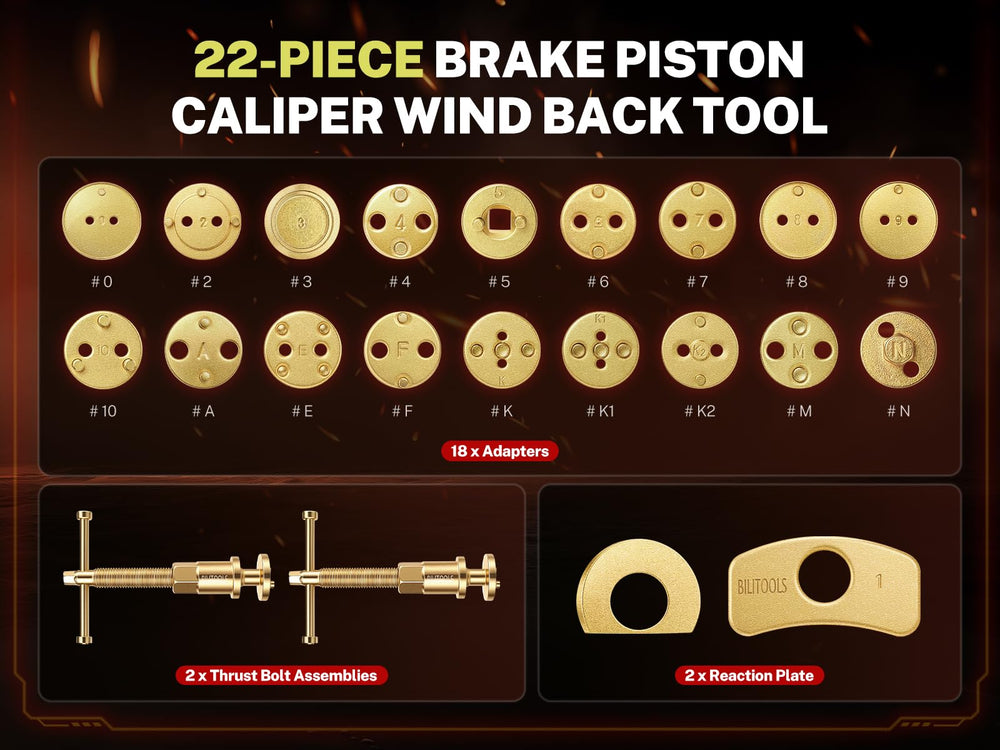 BILITOOLS eighteen adapters laid out for matching piston patterns and fitment