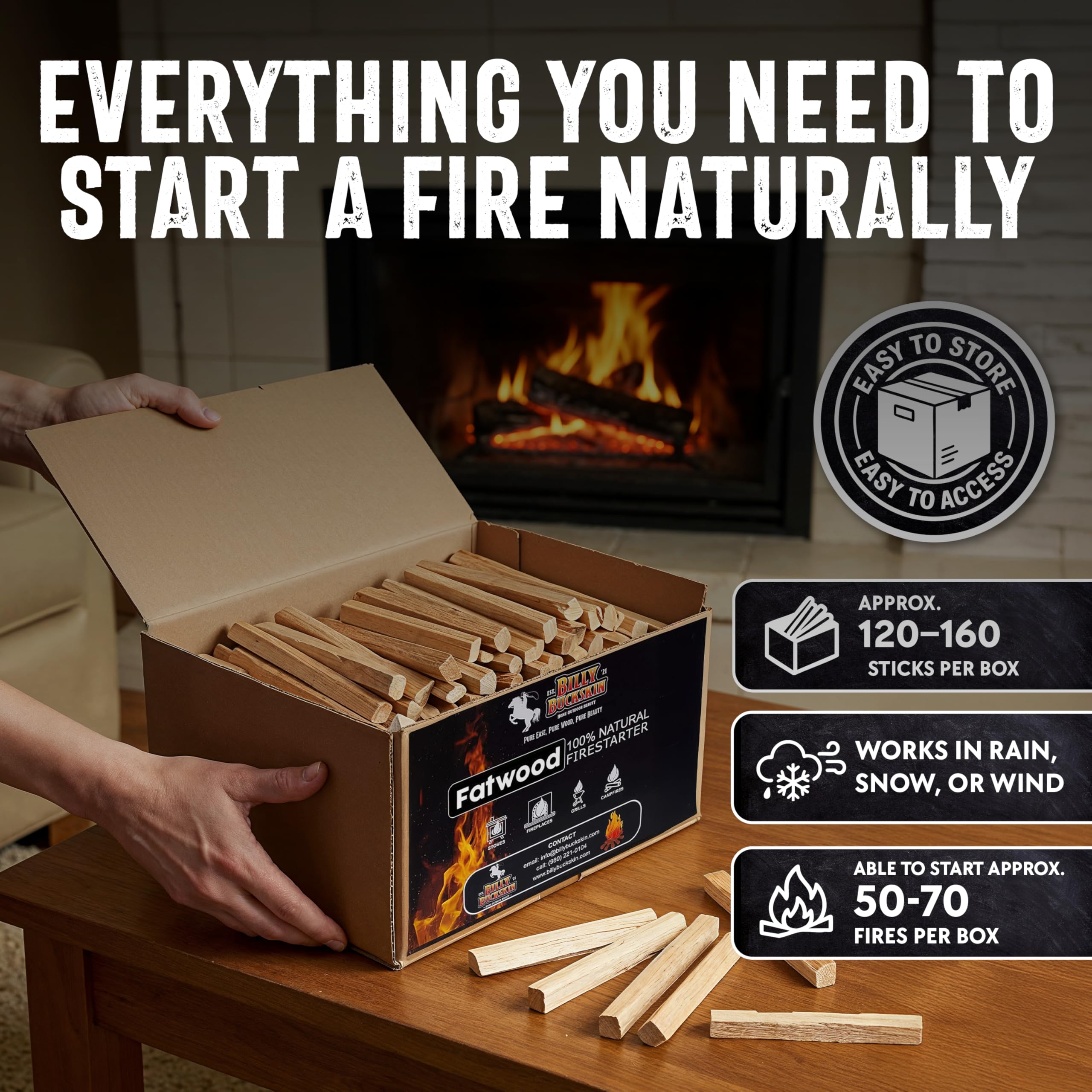 Billy Buckskin fatwood igniting a campfire illustrating fast, reliable flame