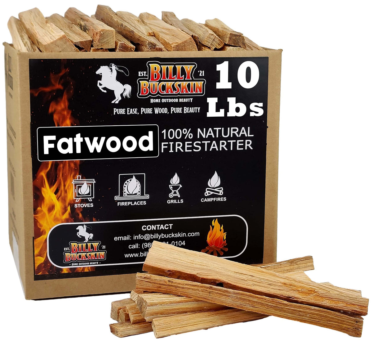 Billy Buckskin front packaging of 10lb fatwood box showing quantity and brand benefits