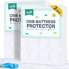 Biloban front view of crib protector two-pack showing clean white fit and protection